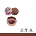 Makeup product with open lid showing glittery brown powder, worn on eye with close-up, on a white background.