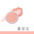 Pink makeup powder in a container with icons on a white background