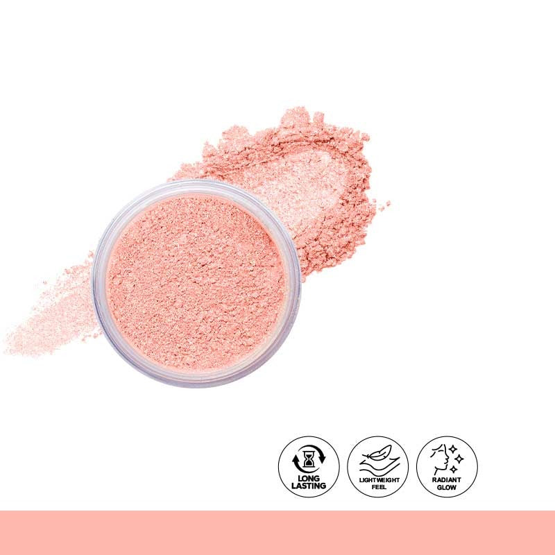 Pink makeup powder in a container with icons on a white background