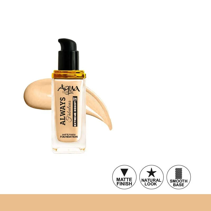 Foundation bottle with a swatch on a white background