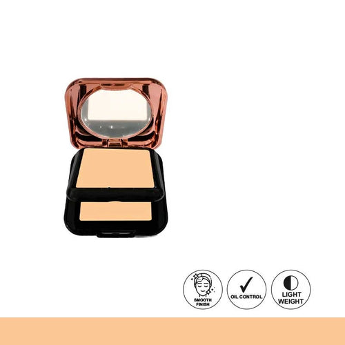 Compact powder with mirror and color swatch on a white background