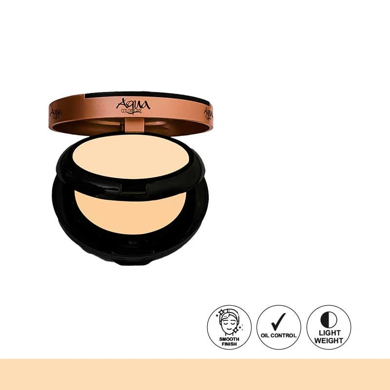Compact powder in a black case with 'Aqua' branding on a white background