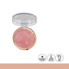 Compact blush with a clear lid on a white background, featuring icons for buildable color, long wear, and a natural glow.