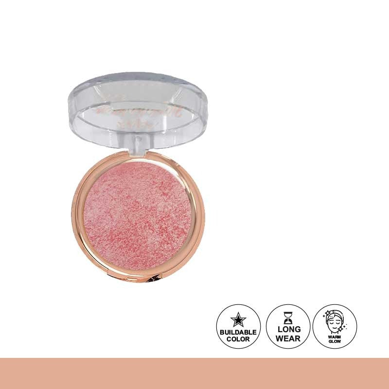 Compact blush with a clear lid on a white background, featuring icons for buildable color, long wear, and a natural glow.