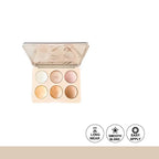 Makeup palette with six circular shades on a white background
