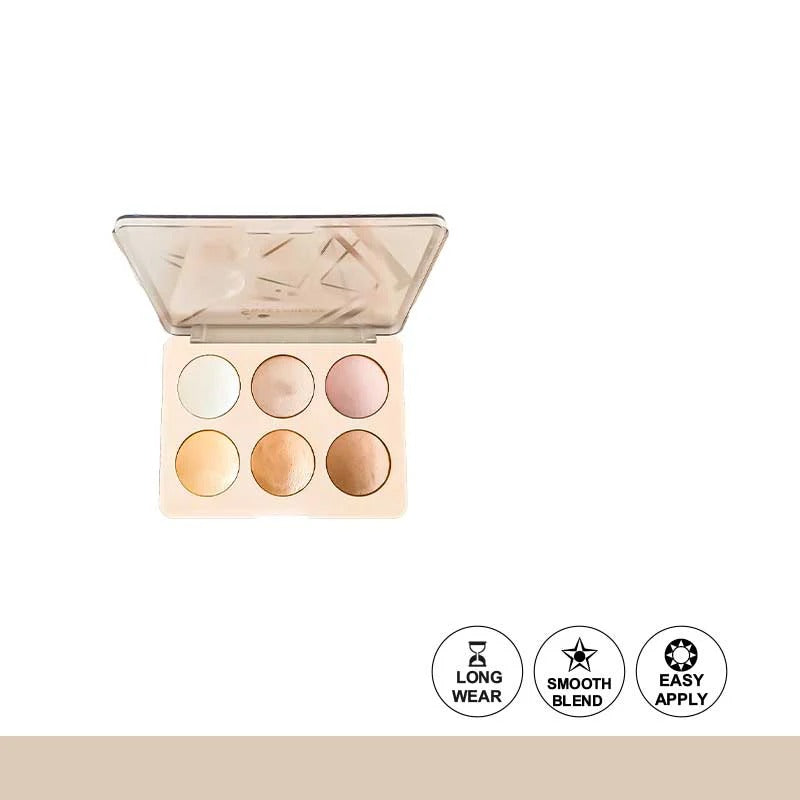 Makeup palette with six circular shades on a white background