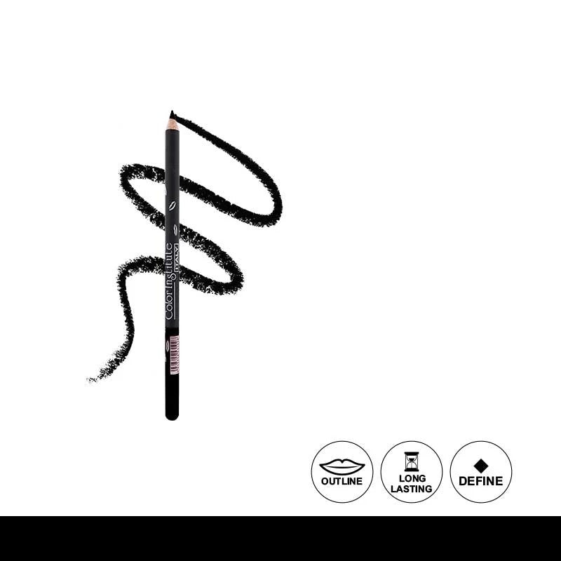 Lip liner pencil with black line on white background, featuring icons for outline, long-lasting, and define.