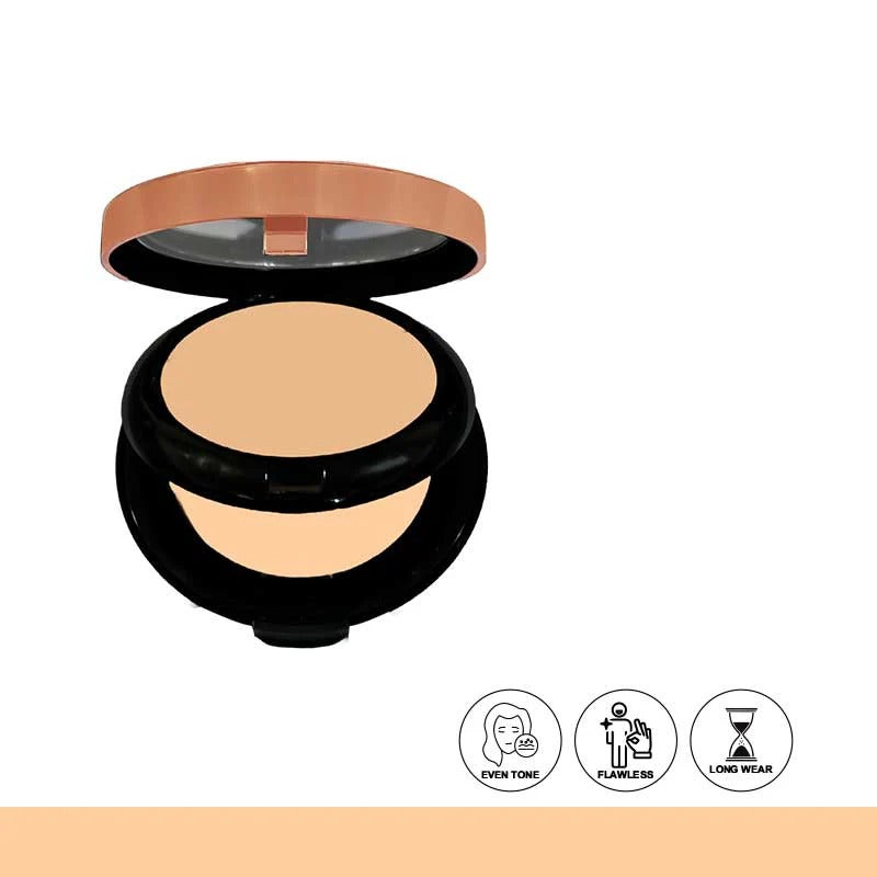 Compact powder in an open case on a white background with icons indicating features.