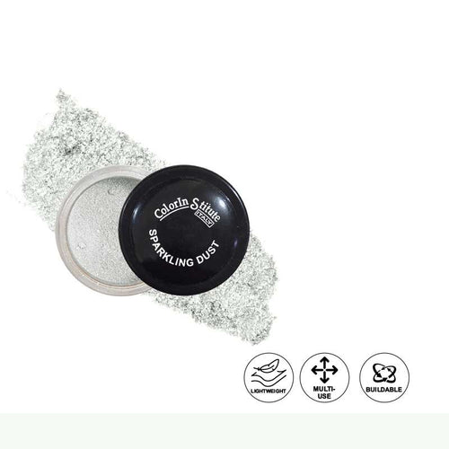 Colorfulite Sparkling Dust container with silver glitter on a white background