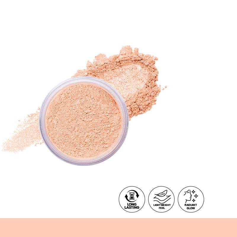 Cosmetic powder in a small container with icons on a white background