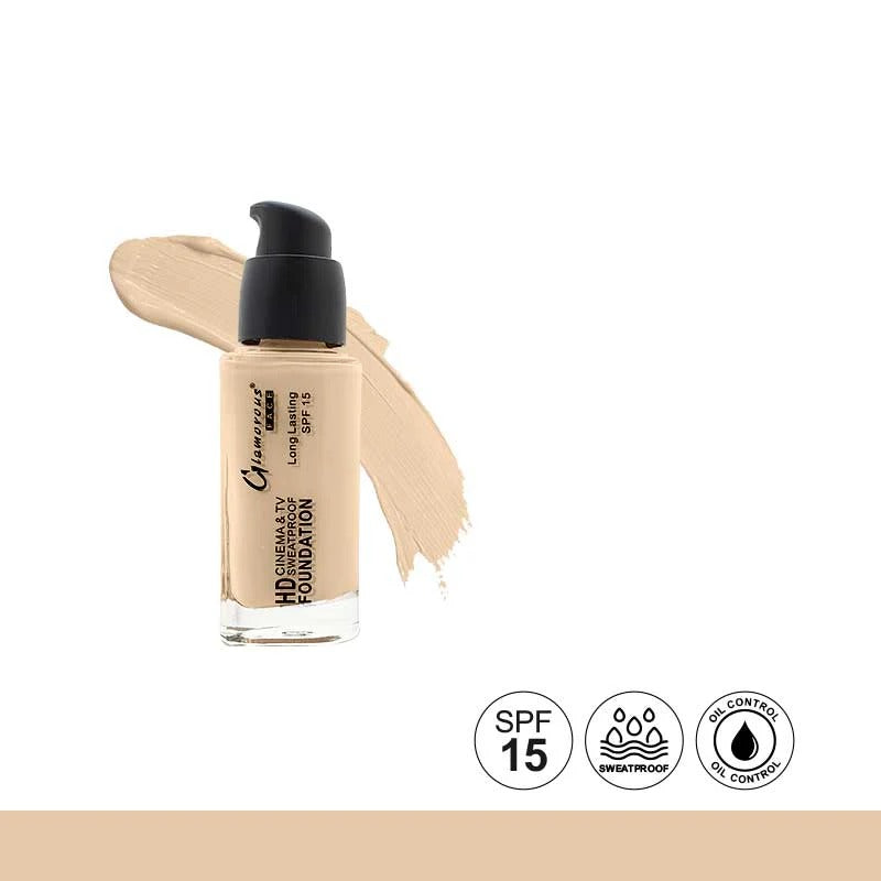 Foundation bottle with a swatch on a white background, featuring SPF 15, waterproof, and oil control icons.