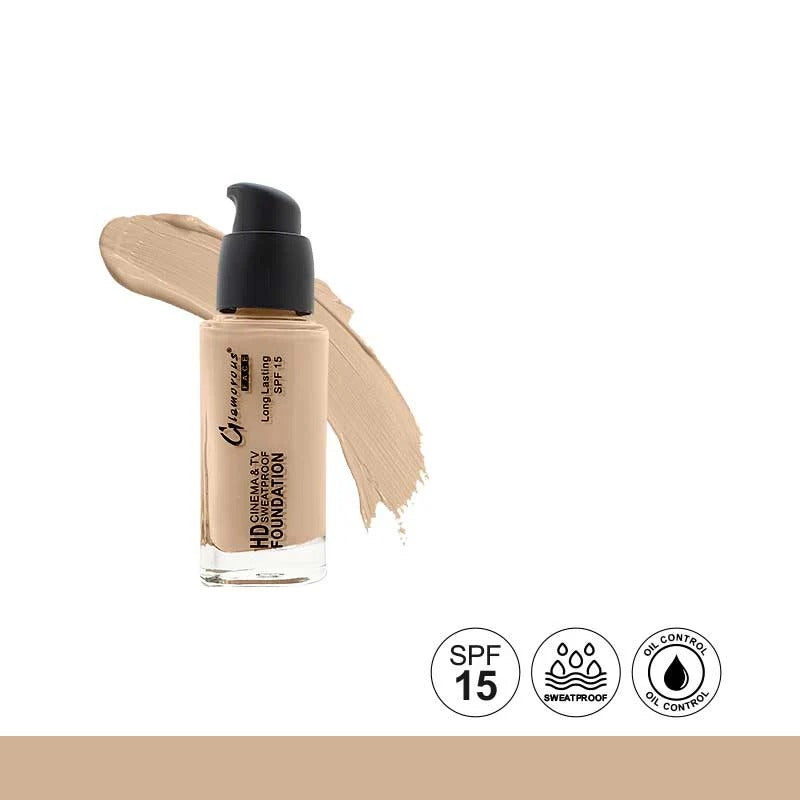 Foundation bottle with a swatch on a white background, featuring SPF 15, waterproof, and oil control icons.