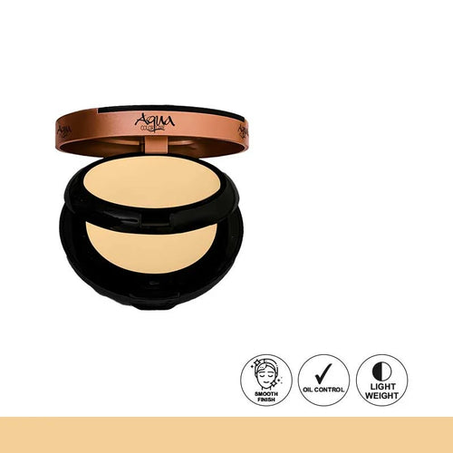 Compact powder in an open case with Aquila branding on a white background