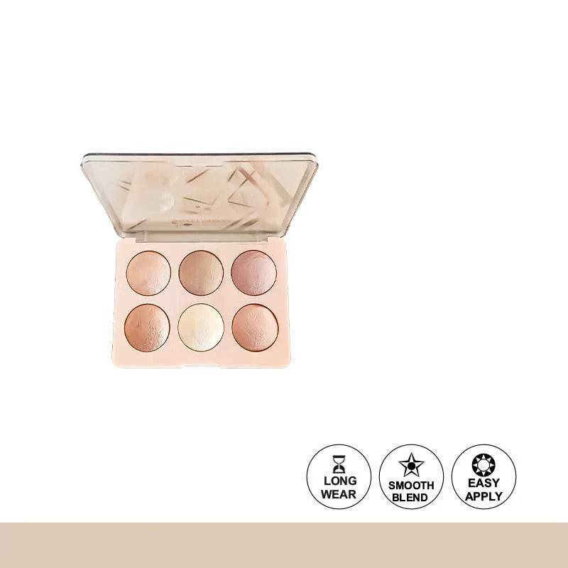 Makeup palette with six circular shades on a white background