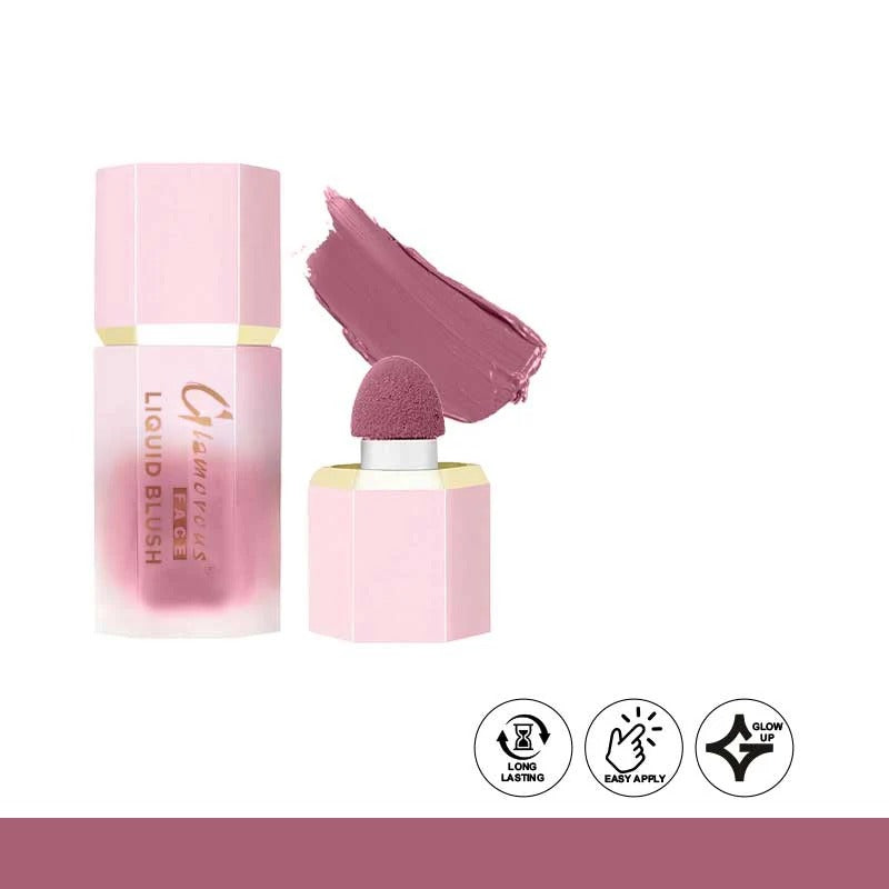 Pink blush cream with applicator and swatch on a white background