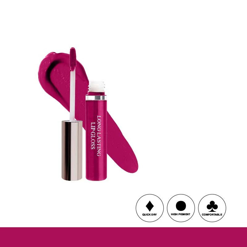 Pink lip gloss with applicator on a white background
