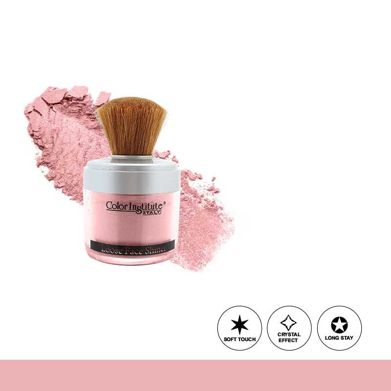 Pink makeup powder with a brush and 'Color Institute' branding on a white background