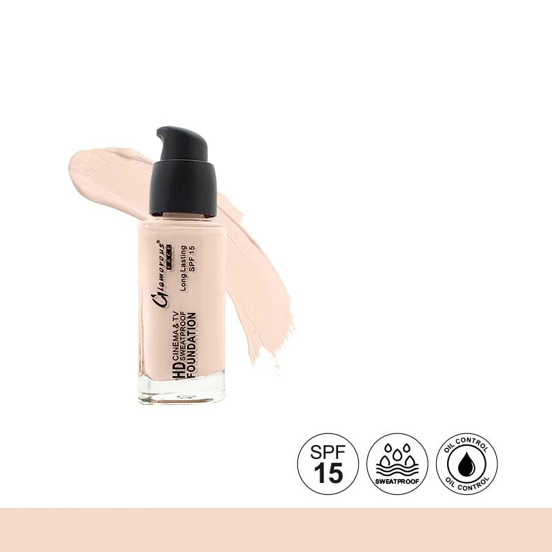 Foundation bottle with a pump and a swatch of foundation on a white background, featuring SPF 15, waterproof, and oil control icons.