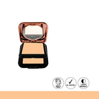 Compact powder with rose gold lid and black base on a white background