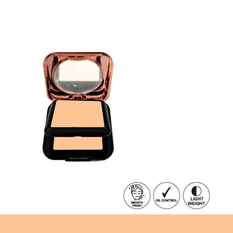 Compact powder with rose gold lid and black base on a white background