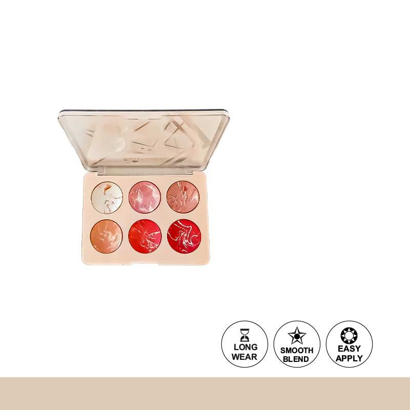 Makeup palette with six colors on a white background