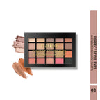 Makeup palette with eyeshadow swatches on a white background