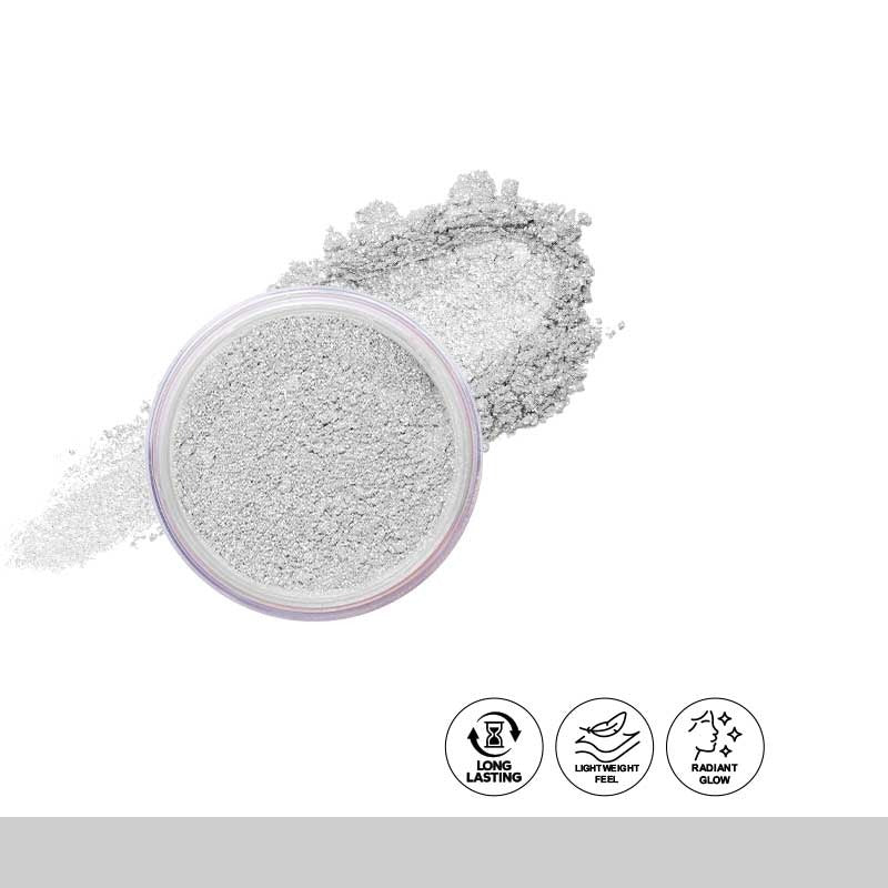 Silver powder in a small container with icons on a white background
