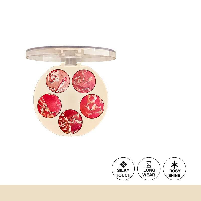 Cosmetic palette with red and pink shades on a white background