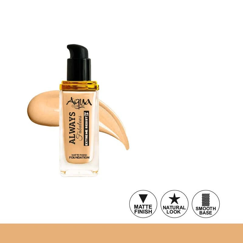 Foundation bottle with a beige color swatch and product features on a white background