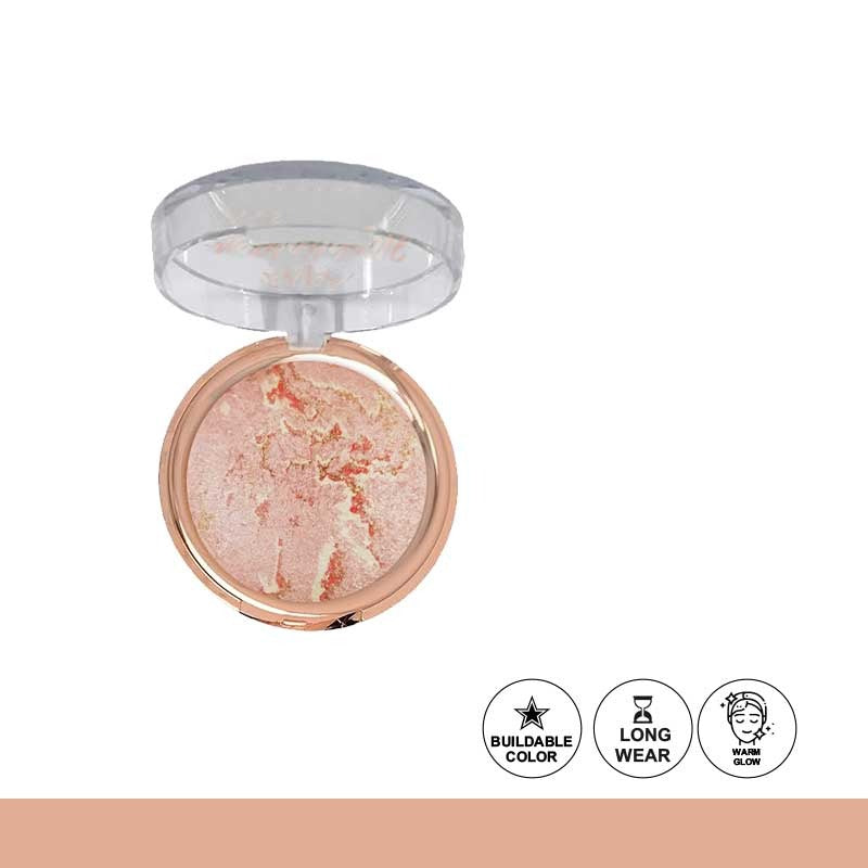 Compact powder with a clear lid on a white background, featuring icons for buildable color, long wear, and a natural glow.