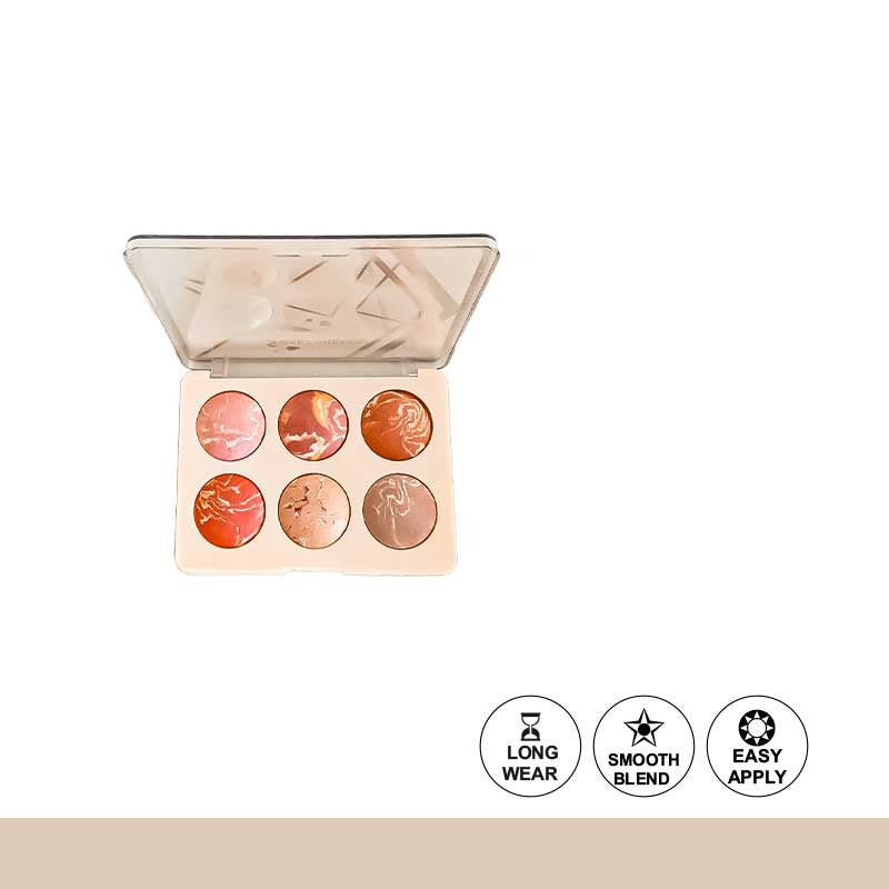 Makeup palette with six colors and icons indicating long wear, smooth blend, and easy apply on a white background.