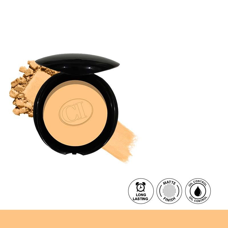 Compact powder with black lid on a white background, featuring the brand logo.