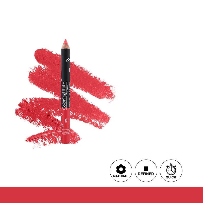 Red lip liner pencil with red color swatch on a white background