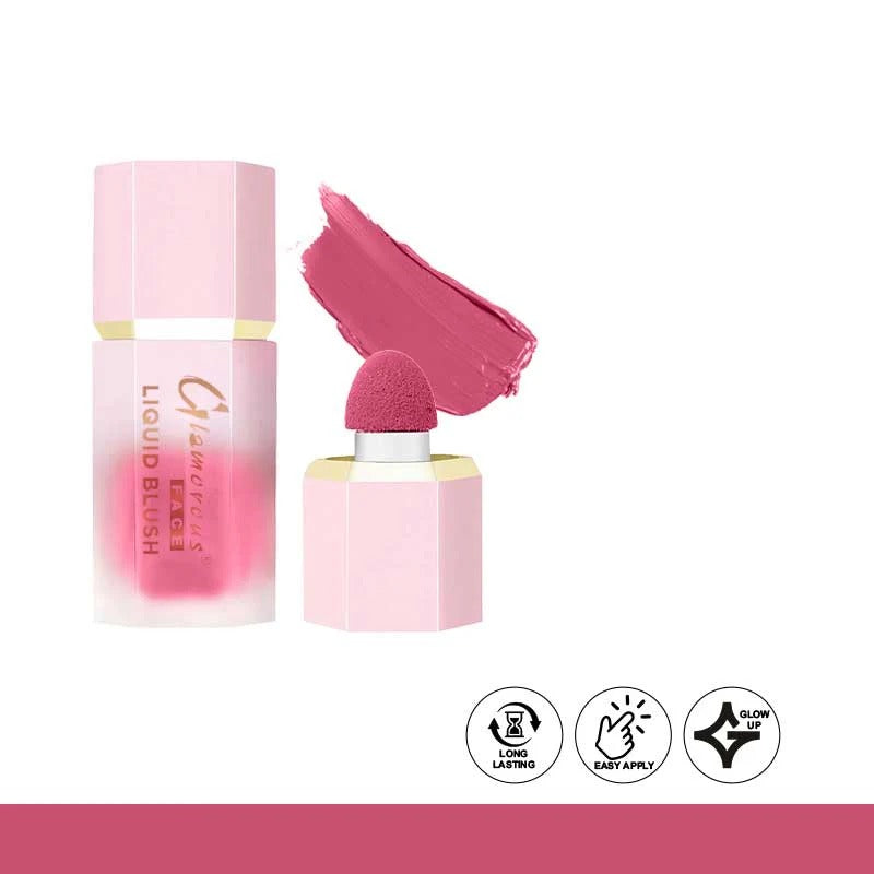 Pink liquid blush cream with applicator and packaging on a white background