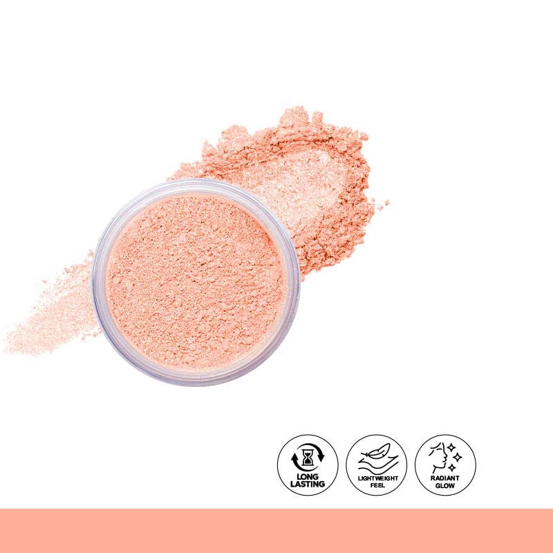 Peach-colored powder in a small container with icons on a white background