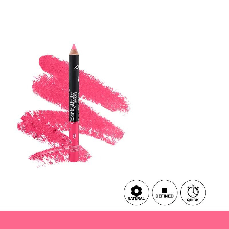 Pink lip liner pencil with pink swatch on a white background