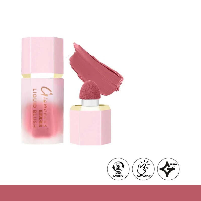 Pink liquid blush cream with applicator and swatch on a white background