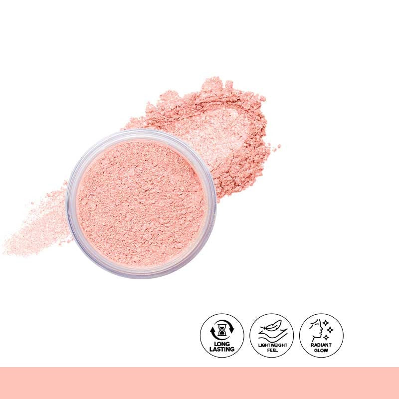 Pink makeup powder in a container with icons on a white background