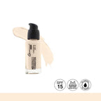 Foundation bottle with applicator and SPF 15, waterproof, and oil control icons on a white background