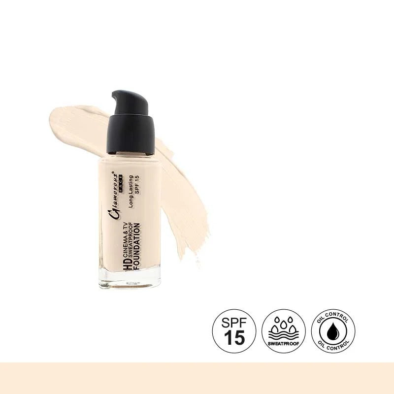 Foundation bottle with applicator and SPF 15, waterproof, and oil control icons on a white background
