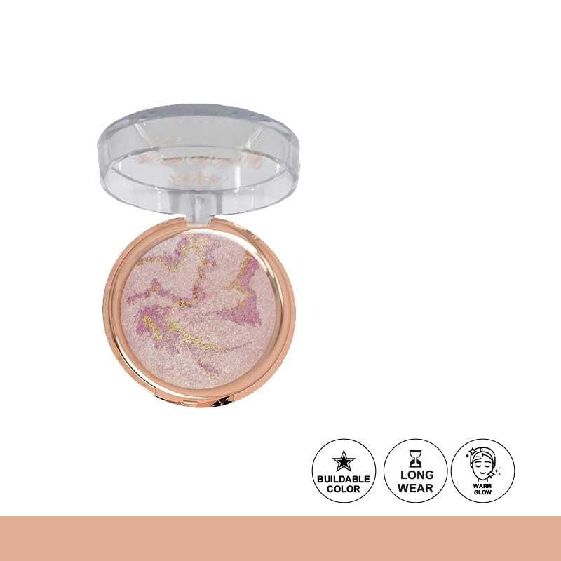Makeup compact with pink blush on a white background