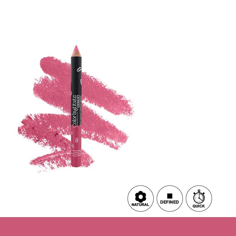 Pink lip liner pencil with swatch on a white background