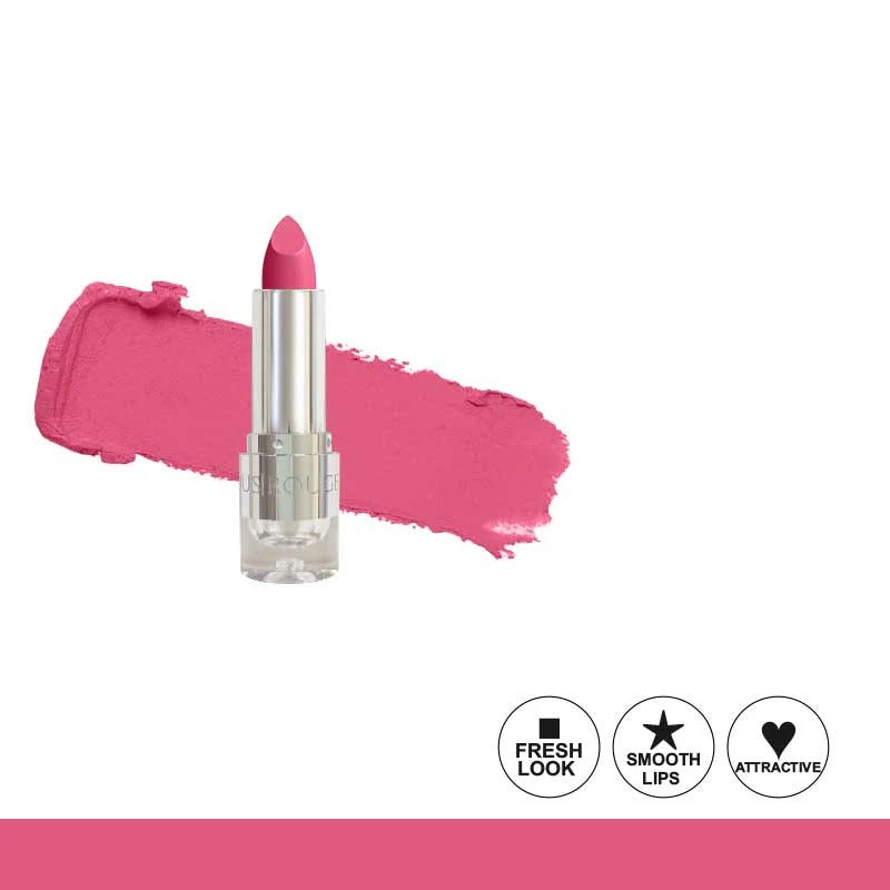 Pink lipstick with a swatch on a white background