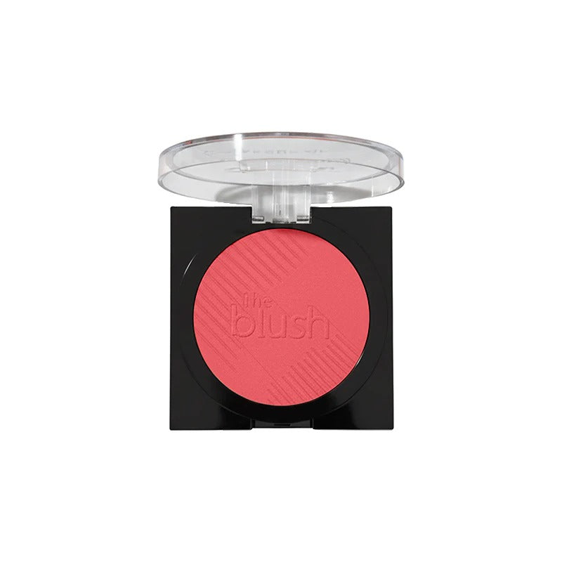 Pink blush compact with clear lid on a white background
