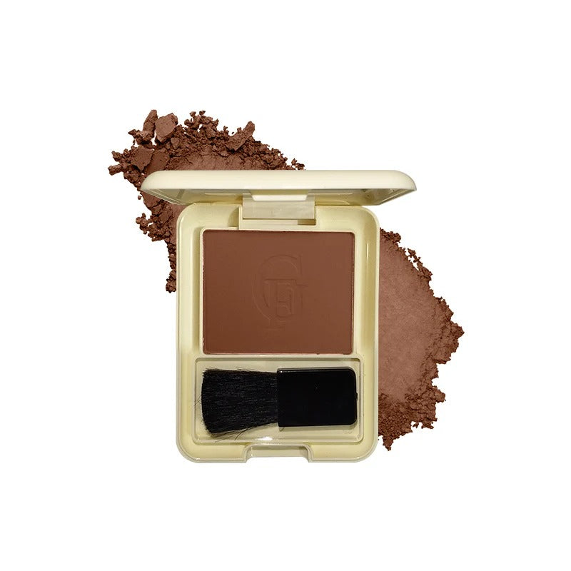 Compact brown powder with a brush and visible brand logo on a white background