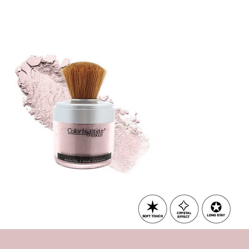Makeup powder with brush and brand name on a white background