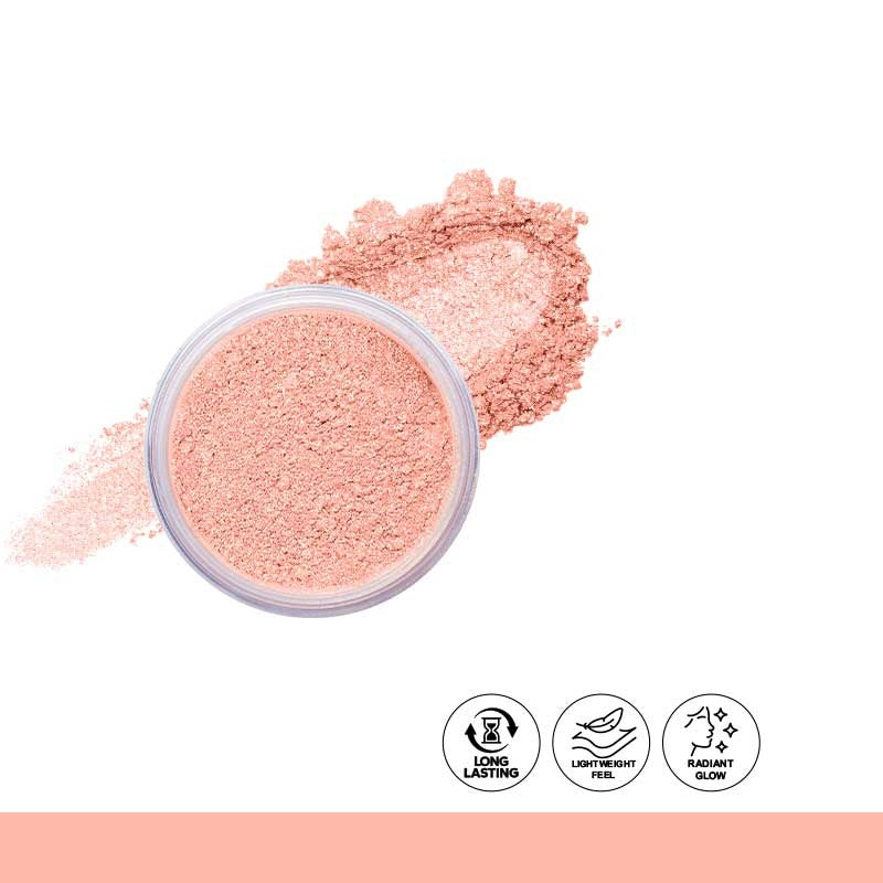 Pink makeup powder in a container with icons on a white background