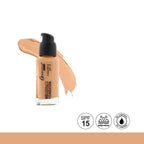 Foundation bottle with a swatch on a white background, featuring SPF 15, waterproof, and oil control icons.
