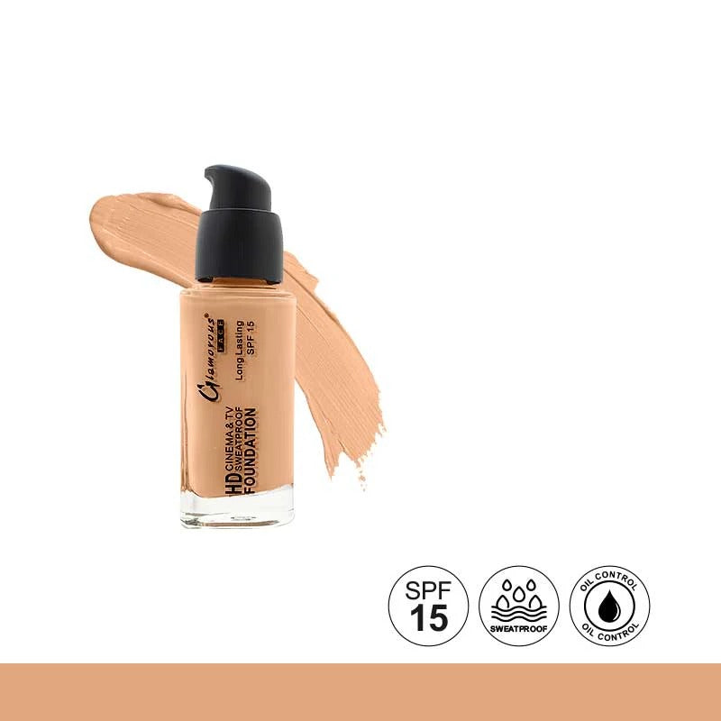 Foundation bottle with a swatch on a white background, featuring SPF 15, waterproof, and oil control icons.