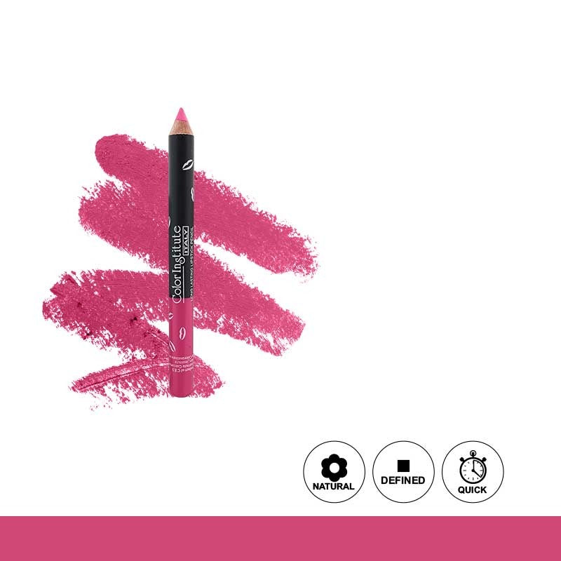 Pink lip liner pencil with pink swatch on a white background